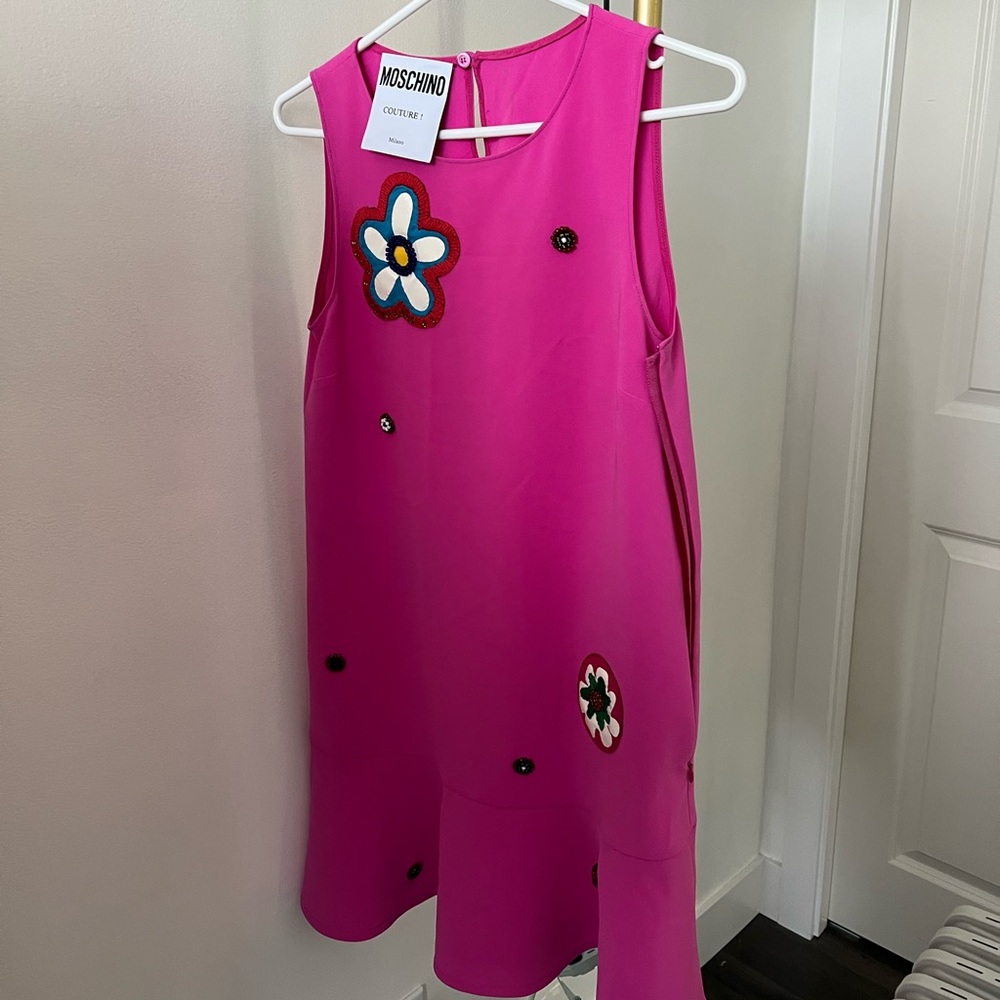 Moschino Pink Mini Dress w Floral Embroidery